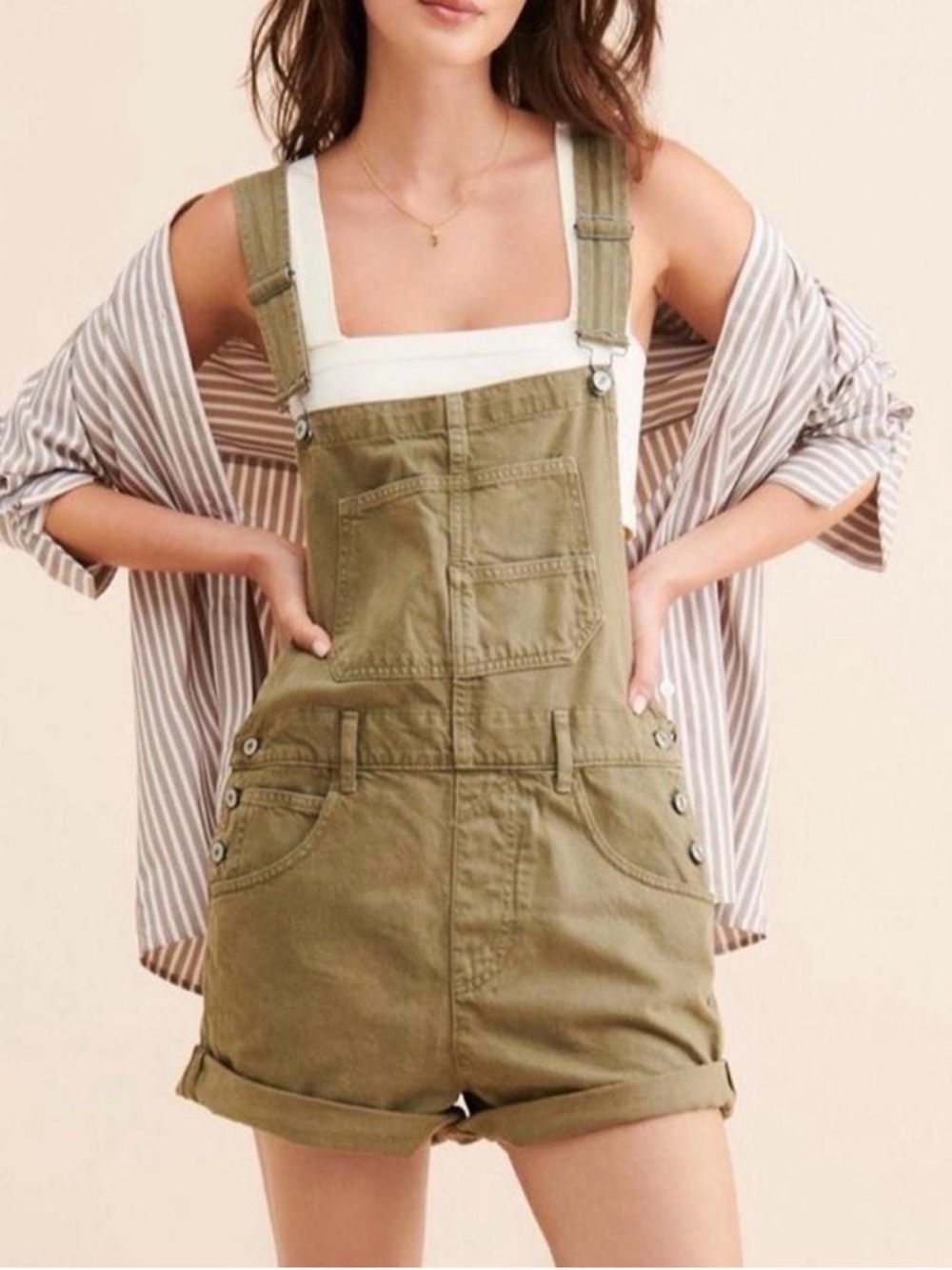 We The Free Olive Green Women's Denim Short Overalls